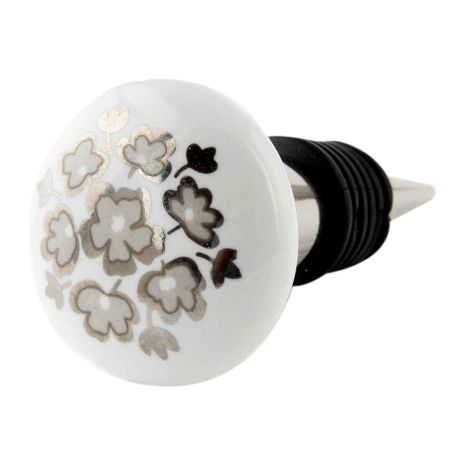 Silver Flower Flat Ceramic Wine Bottle Stopper