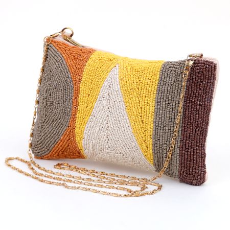 Geometric Beaded Evening Clutch Purse with Gold Chain Strap