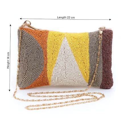 Geometric Beaded Evening Clutch Purse with Gold Chain Strap