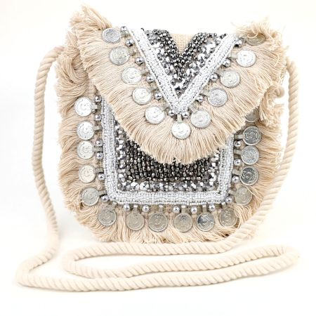Natural Beaded And  Coin Flap Clutch Bag