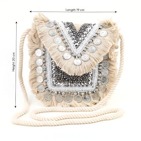 Natural Beaded And  Coin Flap Clutch Bag