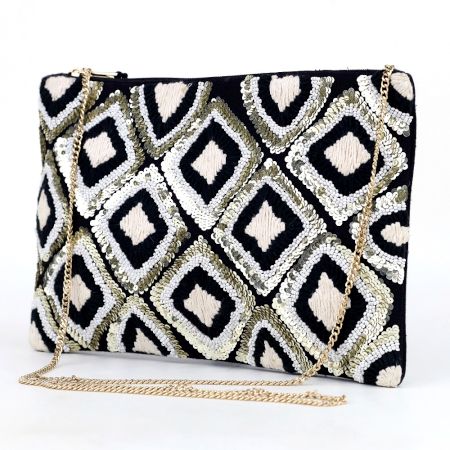 Black And White Ziptop Jacquard Cotton Clutch bag With Tassle
