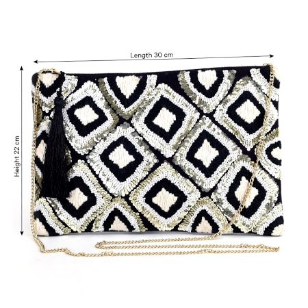 Black And White Ziptop Jacquard Cotton Clutch bag With Tassle