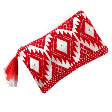 Red And White Jacquard Lurex  Zip Top Clutch Bag