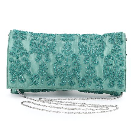 Handcrafted Beaded Evening Clutch Purse with Silver Chain Strap