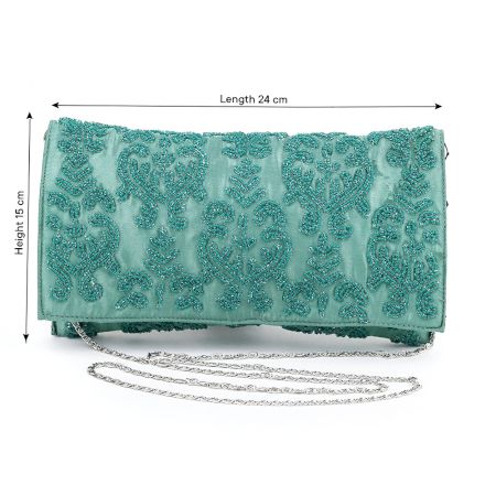 Handcrafted Beaded Evening Clutch Purse with Silver Chain Strap