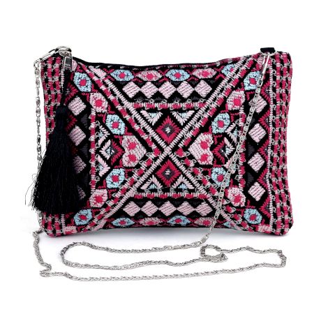 Boho Embroidered Evening Clutch Purse with Silver Chain Strap