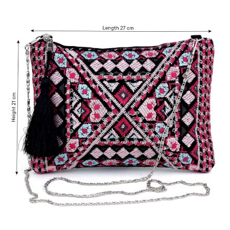 Boho Embroidered Evening Clutch Purse with Silver Chain Strap