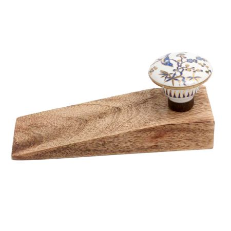 Blue Bird Golden Berry Ceramic Floral Wooden Door Stopper