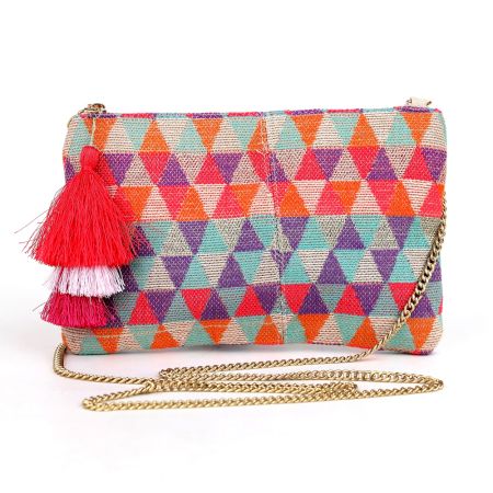 Geometric Multicolor Jacquard Fabric Zipper Sling Bag