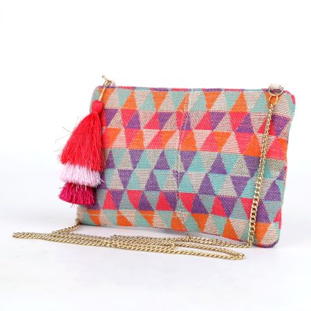 Geometric Multicolor Jacquard Fabric Zipper Sling Bag