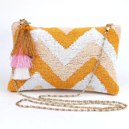 Chevron Beaded Crossbody Zipper Sling Bag