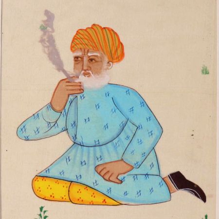 Indian Old Man Smoking Watercolor Painting