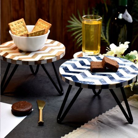 Brown and Blue Chevron Wood and Resin Cake Stand for Dessert, Fruit and Planter