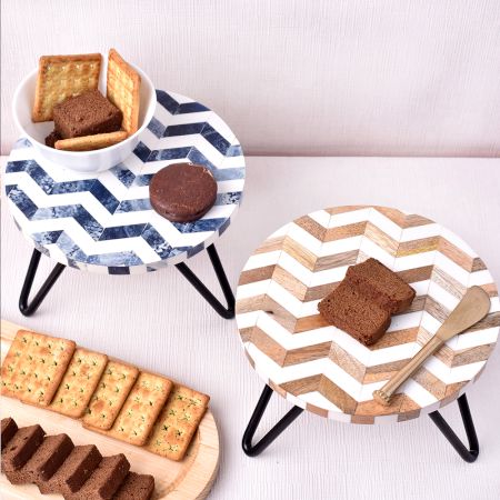 Brown and Blue Chevron Wood and Resin Cake Stand for Dessert, Fruit and Planter