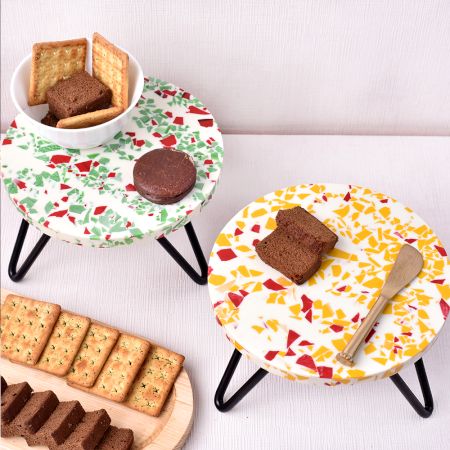 Orange and Green Terrazzo Wood and Resin Cake Stand for Dessert, Fruit and Planter
