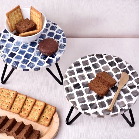 Grey and Blue Moroccan Motifs Wood and Resin Cake Stand for Dessert, Fruit and Planter