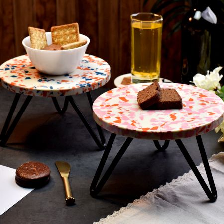 Pink and Orange Terrazzo Wood and Resin Cake Stand for Dessert, Fruit and Planter