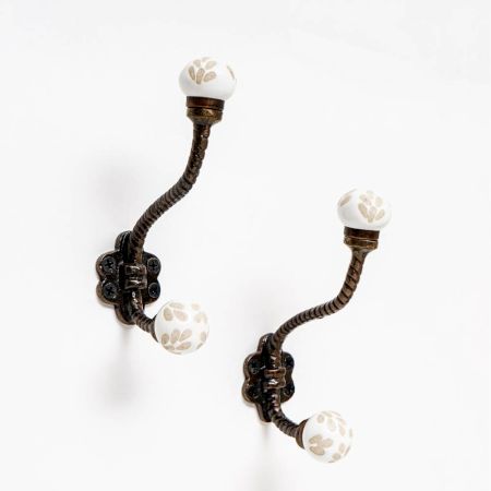 White Etched Ceramic Floral Iron Hooks-EHG-93 - Pack of 2