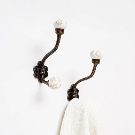 White Etched Ceramic Floral Iron Hooks-EHG-93 - Pack of 2