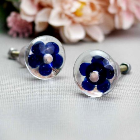 Blue Flower Engraved Glass Drawer Knobs