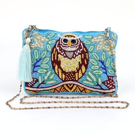 Owl Beaded Blue Cotton Luxury Sling Bag For Women