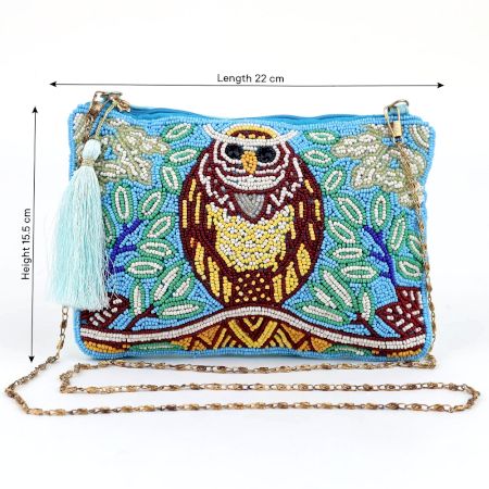 Owl Beaded Blue Cotton Luxury Sling Bag For Women