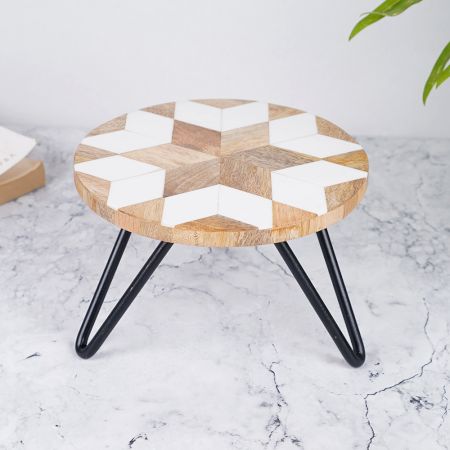 Wood and Resin Cake Stand in Brown and White Colour