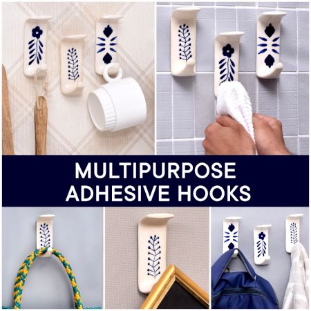 Handmade White Ceramic Blue Floral Adhesive Hook
