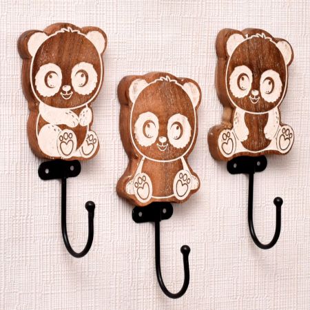 Brown Wooden Cute Panda Decorative Hooks For Kids - Pack of 3