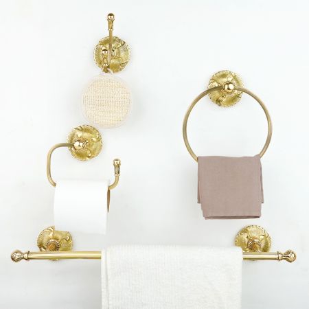 Bronze Brass Floral Base Bathroom Hardware Accessories Set of 4