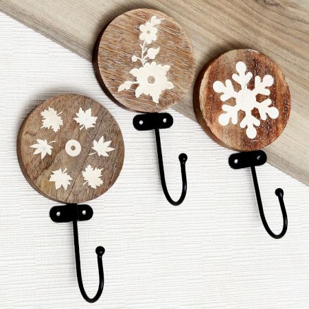 Brown Wooden Leaf Design Wall Hooks For Kids - Pack of 3