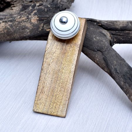 Round White & Silver Pattern Ceramic Wooden Door Stopper