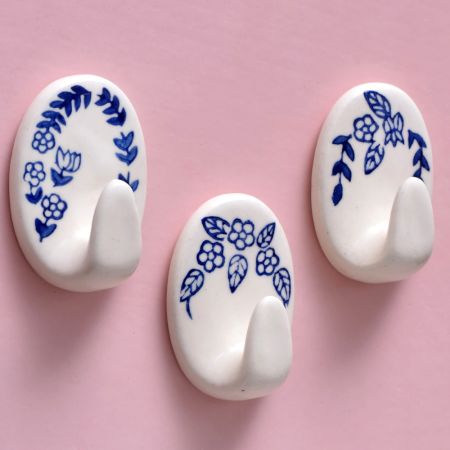 Ceramic Blue White Heavy Duty Adhesive Hook - Pack of 3