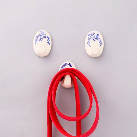 Ceramic Blue White Heavy Duty Adhesive Hook - Pack of 3