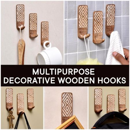 3 Pieces Brown Wooden No Drill Adheshive Wall Hooks