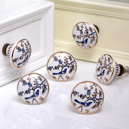 Blue Bird Golden Berry Ceramic Floral Drawer Knob - Pack of 6