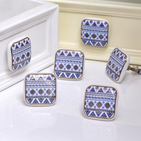 Golden Border Pattern Flat Ceramic Cabinet Knob - Pack of 6