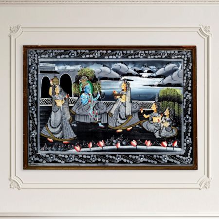 Cloth Painting of Lord Krishna with Gopies from Rajasthan