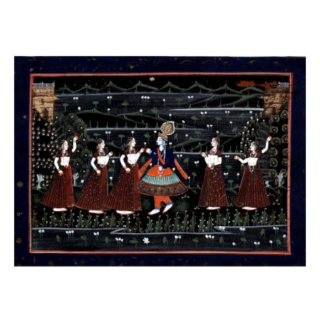 Vintage Cloth Painting of Lord Krishna with Gopies from Rajasthan
