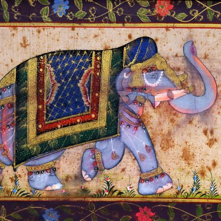Vintage Silk Painting of Elephant from Rajasthan for Decor