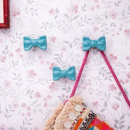 Turquoise Green Ceramic Bow Modern Wall Hook-Pack of 3