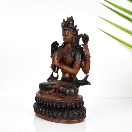 Handcrafted Copper Statue of Buddhist Deity Chenrezig for Prayer Room