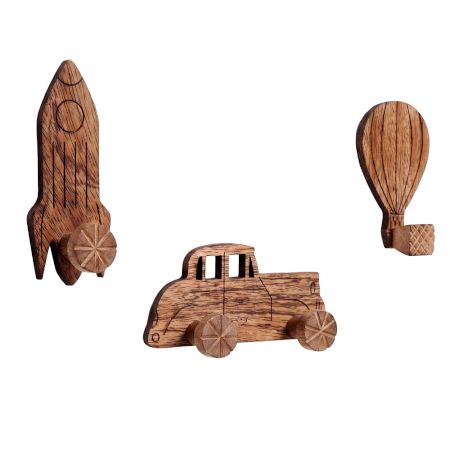3 Pieces Wooden Adhesive Air Balloon Car And Rocket Shape Wall Hooks