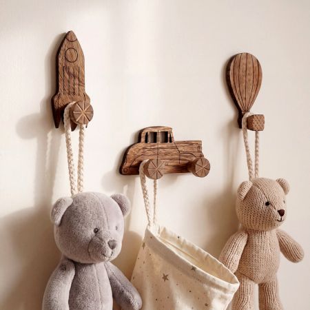 3 Pieces Wooden Adhesive Air Balloon Car And Rocket Shape Wall Hooks