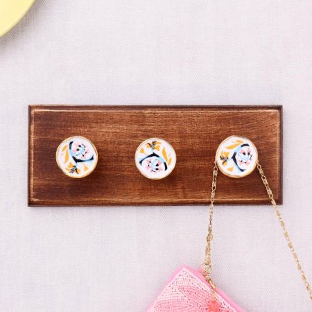Pink Octagon Ceramic Floral Wooden Wall Hook