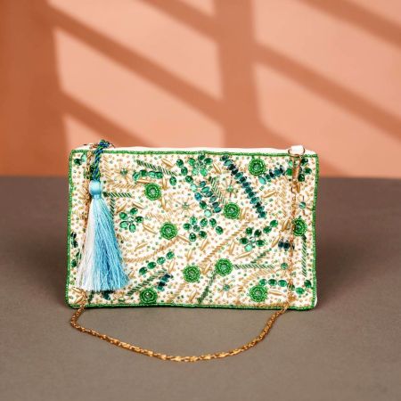Green Floral Pattern Cotton and Beads Hand Bag