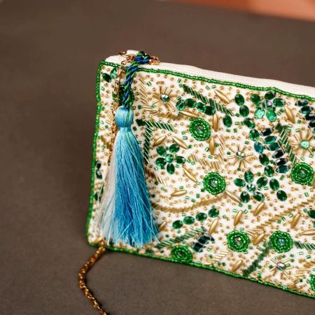 Green Floral Pattern Cotton and Beads Hand Bag
