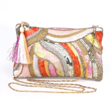 Abstract Wave Design Cotton Beads Hand Bag for Festive Wear