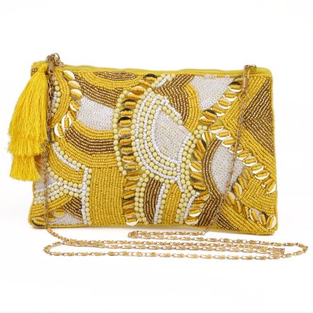 Mustard Cotton and Beads Hang Bag in Premium Finish